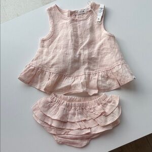 Pink Ruffle Linen Toddler Set - Two-Piece Top & Bloomers